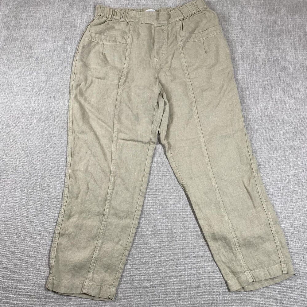 Cynthia Rowley Pants Womens L Beige Linen Cropped Tapered Elastic Waist Pockets